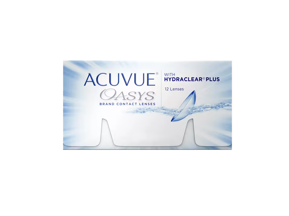 Acuvue Oasys contact lenses packaging box featuring blue and white water-themed graphics and text indicating 'With Hydraclear Plus 12 Lenses'.