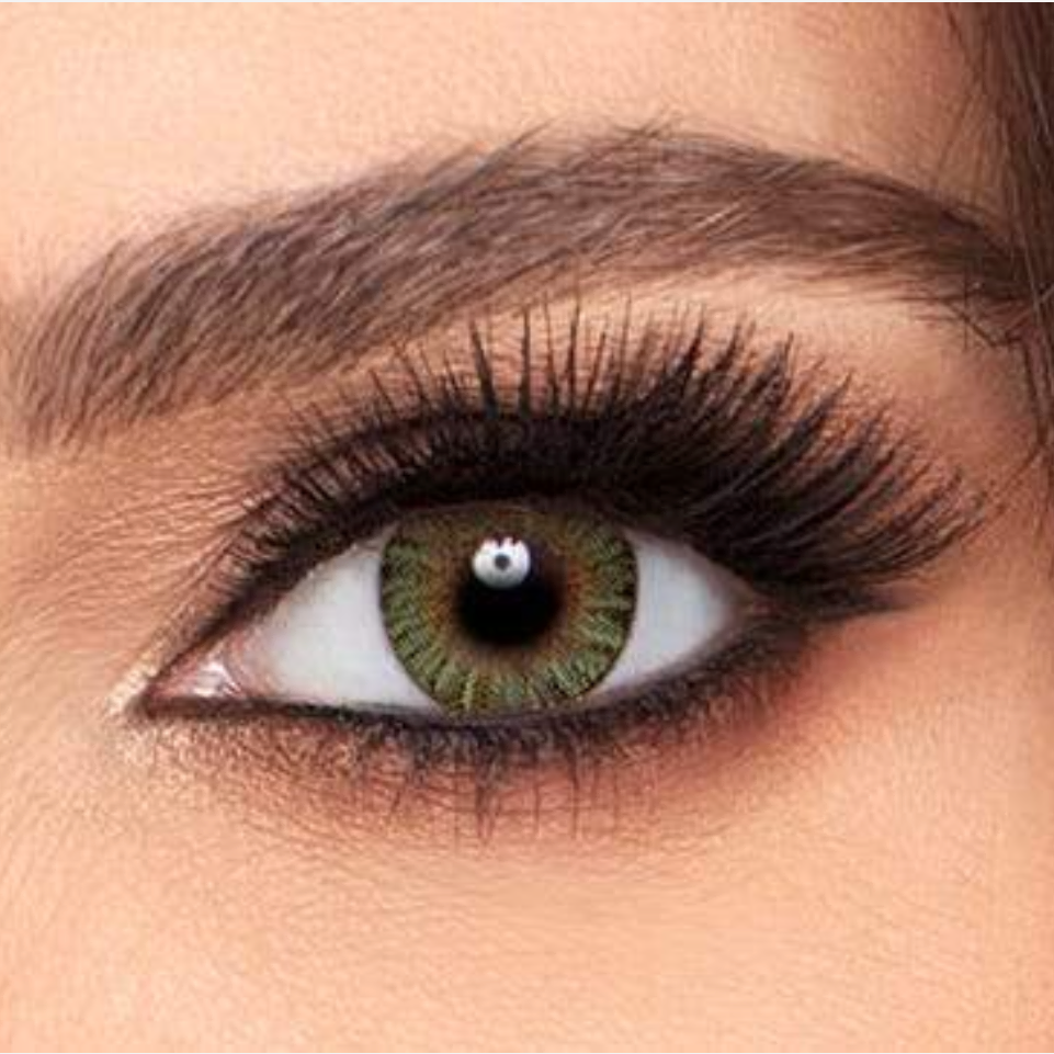 Computer screen displaying an eye care product page with a close-up of an eye wearing green lenses.