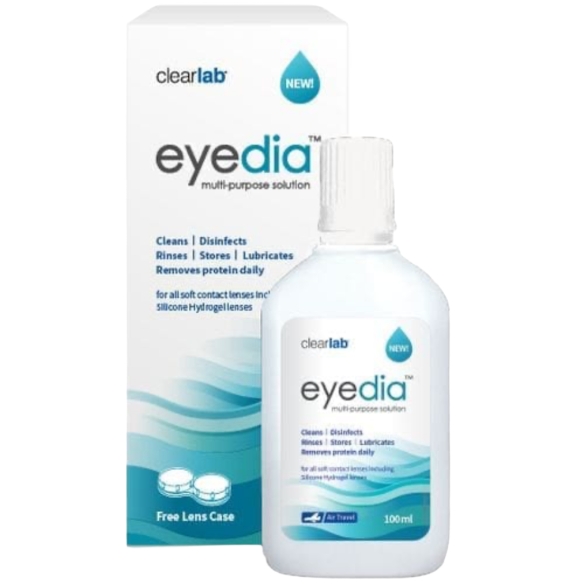 Eyedia Solution 100mL - Xena Optic - Eyedia multipurpose solution is a sterile, isotonic, buffered aqueous solution that cleans, disinfects, and lubricates your lenses. It is intended to be used for all soft contact lenses, including silicone hydrogel contact lenses, as recommended by your eye care practitioner. - Solutions contact lens solutions