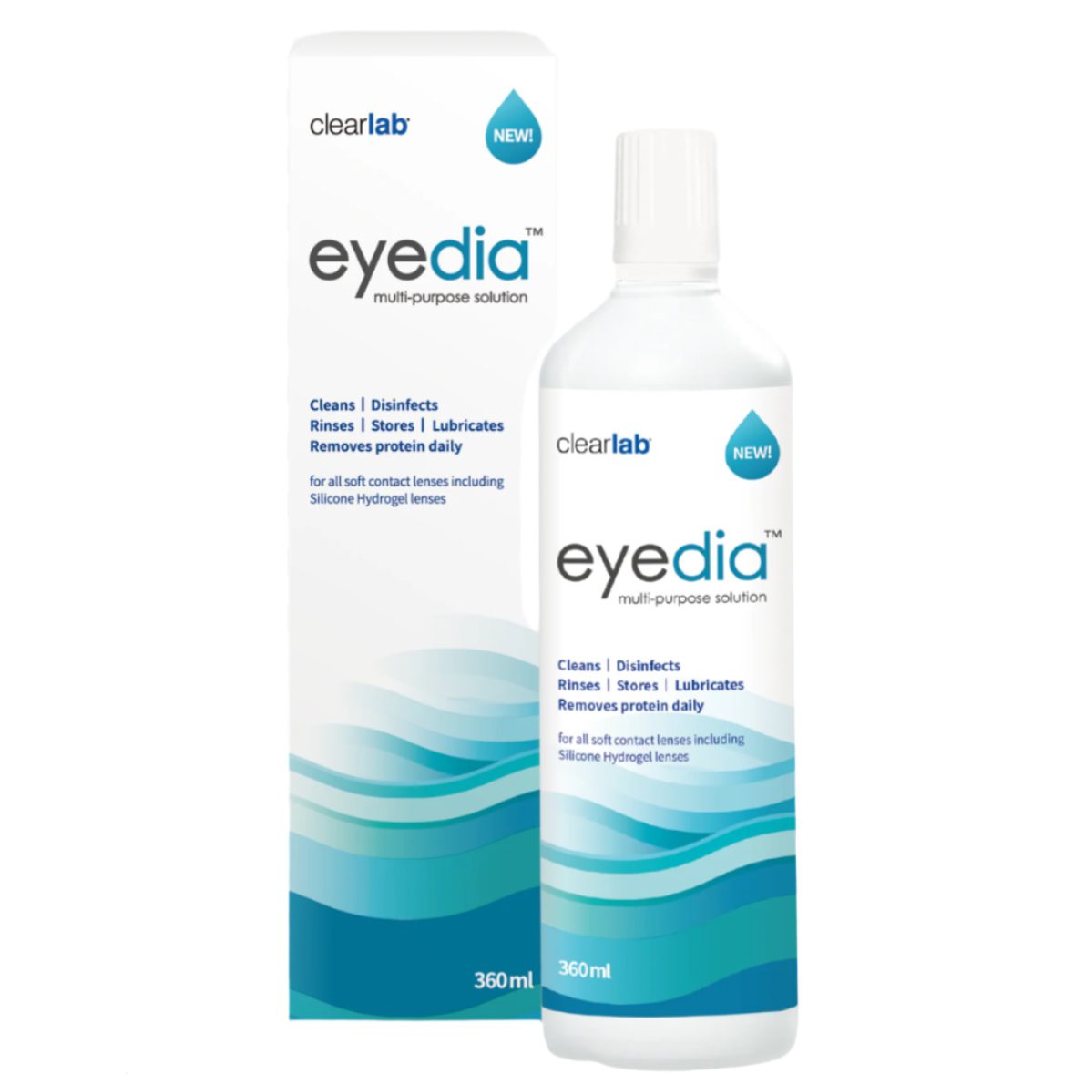Eyedia Solution 360mL - Xena Optic - Eyedia multipurpose solution is a sterile, isotonic, buffered aqueous solution that cleans, disinfects, and lubricates your lenses. It is intended to be used for all soft contact lenses, including silicone hydrogel contact lenses, as recommended by your eye care practitioner. - Solutions contact lens solutions