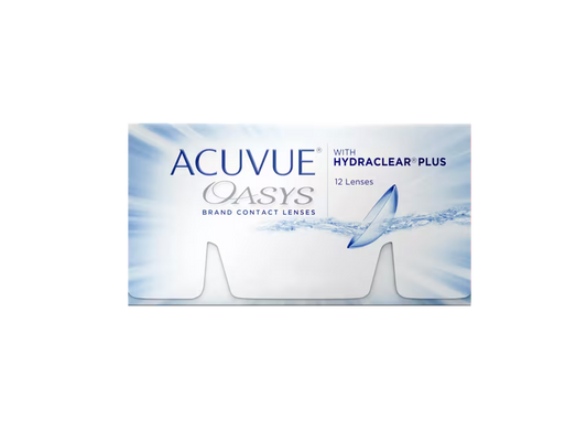 Acuvue Oasys contact lenses packaging box featuring blue and white water-themed graphics and text indicating 'With Hydraclear Plus 12 Lenses'.