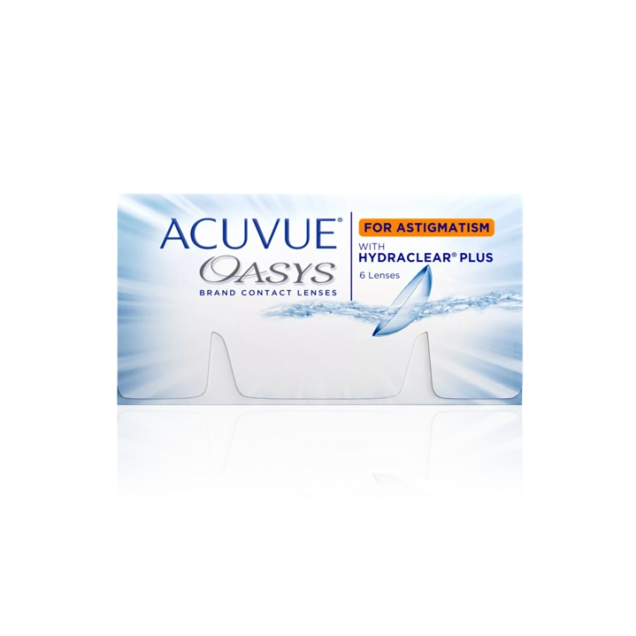 Acuvue Oasys contact lens box for astigmatism, featuring Hydraclear Plus technology and containing 6 lenses, shown on a white background with a soft reflection.