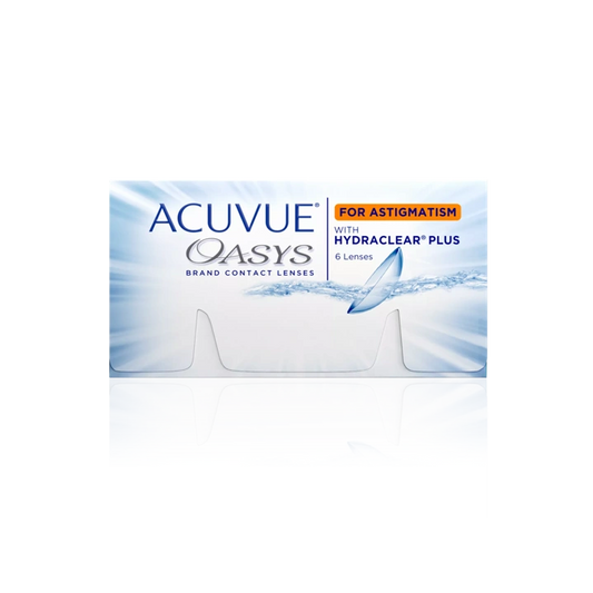 Acuvue Oasys contact lens box for astigmatism, featuring Hydraclear Plus technology and containing 6 lenses, shown on a white background with a soft reflection.