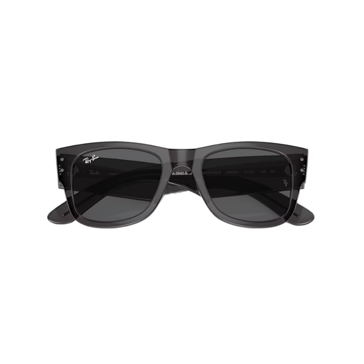 RAY BAN 0840 - Xena Optic - Frame description Frame Shape: Square Frame color: Polished Transparent Black Frame material: Propionate Temple color: Transparent Black Lens information Lens color: Dark Grey Treatment: Solid Color Product dimensions Hinge to hinge: 131mm Lens height: 42.6mm Bridge width: 51 21mm Temple Length: 145mm Fitting Fitting: Regular Geofit: High Bridge Fit - Sunglasses Ray Ban 