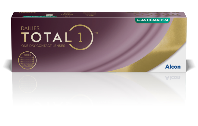 Alcon Dailies Total 1 One-Day Contact Lenses packaging box, featuring a deep purple and gold design with white and green text accents, shown on a reflective white surface.