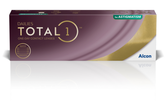 Alcon Dailies Total 1 One-Day Contact Lenses packaging box, featuring a deep purple and gold design with white and green text accents, shown on a reflective white surface.