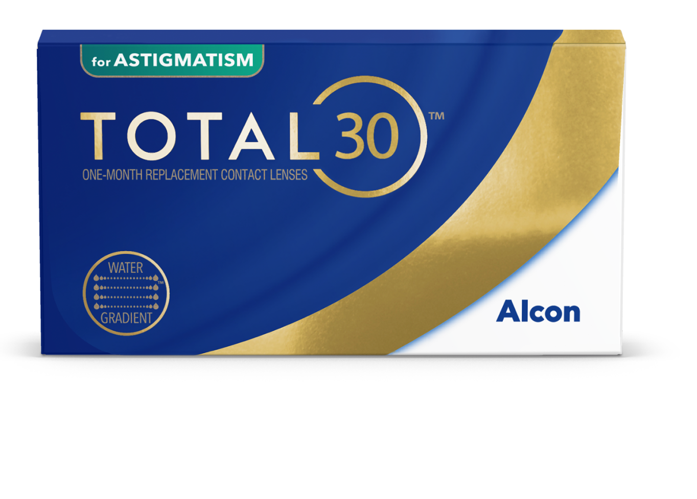 Alcon Total 30 contact lens replacement box, featuring a blue and gold design with white text and a green 'for ASTIGMATISM' banner, shown on a white background.