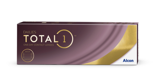 Alcon Dailies Total 1 daily one-day contact lenses box in a dark purple and gold color scheme, shown on a plain white background.